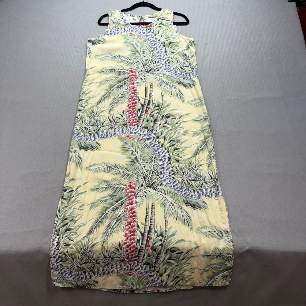 Tommy Bahama Maxi Dress Womens Large Yellow Tropical Palm Silk Sleeveless Aloha